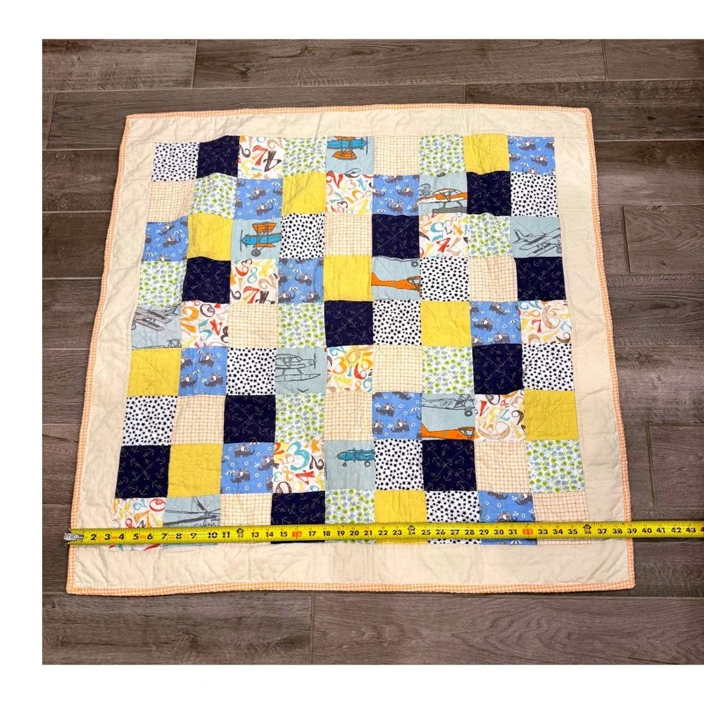 Handmade Baby Quilt Airplane Aviation Patchwork Minky Backing 40x39 Nursery